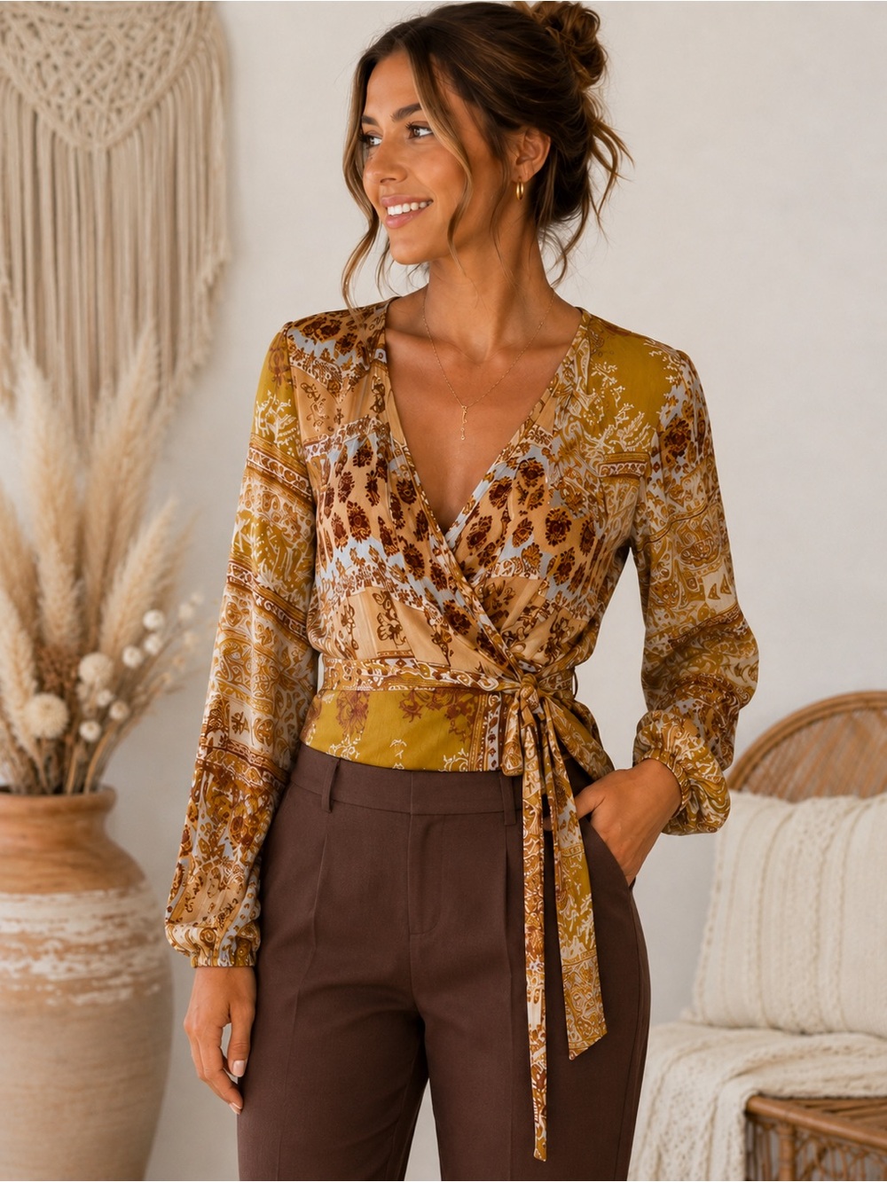 193 Savanna Jane Mustard Mixed Print Wrap Blouse with Tie Size Small